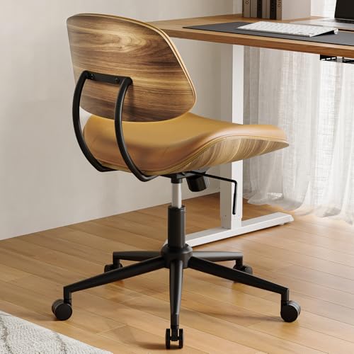 Image of Armless Office Chair with Wheels, PU Leather Adjustable Height Desk Chair - 360 Swivel Ergonomic Computer Chair for Small Space, Modern Walnut Style, Home & Meeting Room, Brown