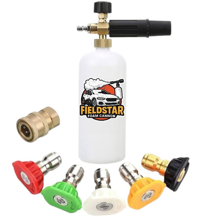 Image of Fieldstar Pressure Washer Gun with Foam Cannon | Car Wash Foam Gun with 1 /4 inch Quick Connector | Includes 5 Spray Nozzles and 1-Litre Bottle, Car Pressure Washe Gun