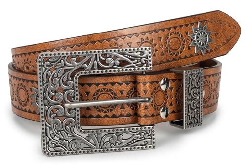 Image of Mealah Womens-Western-Belt Rhinestone-Cowboy-Cowgirl Belt - Embossed PU-Leather Belt with Diamond Flower-Buckle(for 31-38'')