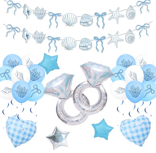 Seashells and Wedding Bells Decor 25-Piece Beach Wedding & Engagement Party Decorations Balloon Set – Seashell Banner, Latex Balloons, Diamond Ring Foil, Blue Gingham Heart Foil