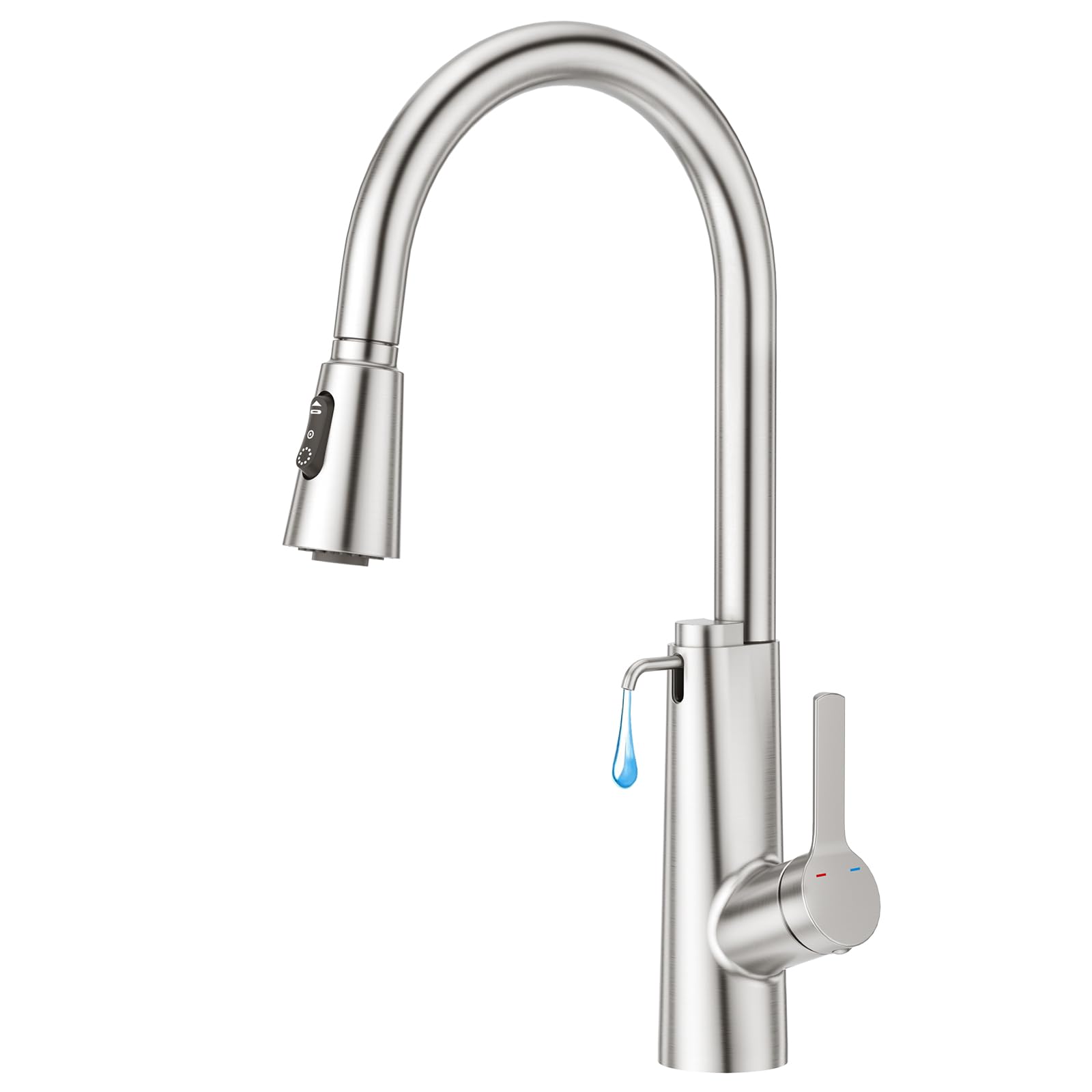 CREA Rubinetto da cucina dispenser di sapone da incasso, miscelatore da cucina con doccetta estensibile, rubinetto per lavello da cucina con 3 doccetta modalità, girevole a 360°, spazzolato
