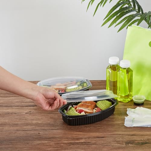 Image of Restaurantware-RW Base 28 Ounce Meal Prep Containers, 100 Microwavable To Go Containers With Lids - Disposable, Freezable, Black Plastic Oval Food Containers, Pack Hot And Cold Food, For Takeaway