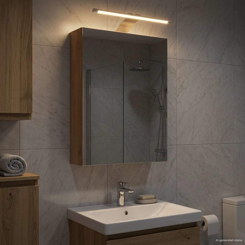 Armadietto da bagno a specchio artigianale in legno di rovere, montaggio a parete, scaffale, organizer per mobili da bagno e lavabo, 30 x 10,5 x 50 cm, strisce LED, interni