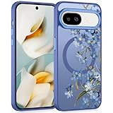 Coiwxmoi Magnetische Handyhülle für Google Pixel 9a 5G 6,2" Hülle, Kompatibel mit MagSafe, Aesthetic Blumen Muster Transluzente Mädchen Case, Matte PC Dünn TPU Bumper Stoßfest Schutzhülle Cover - Blau