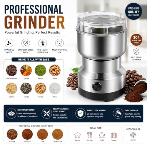 Image of Bhagwatisahustore Electric Spice Mixer Grinder Machine 150w | Stainless Steel Dry Masala & Coffee Bean Grinder | Mini Portable Electric Grinder for Spices, Chilli & Dry Ingredients | 100g Capacity
