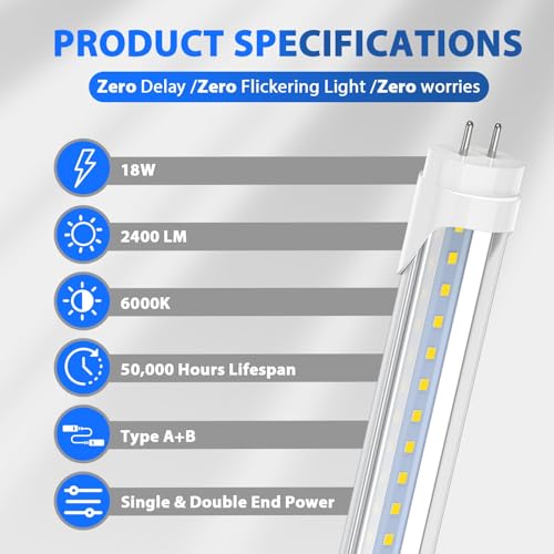 CNSUNWAY 2-Pack T8 LED Tube Lights 4Ft, 18W 2400LM 6000K, Single or Double End Powered, Plug and Play or Ballast Bypass, Type A+B 4 Foot T8/T10/T12 Replacement for Garage Warehouse Lighting, Clear by CNSUNWAY LIGHTING - Used condition - Image 2