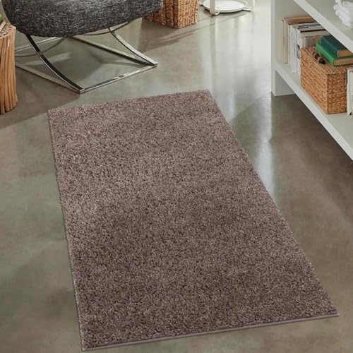 carpet city Shaggy Hochflor Teppich - 80x150 cm - Braun - Langflor Wohnzimmerteppich - Einfarbig Uni Modern - Flauschig-Weiche Teppiche Schlafzimmer Deko