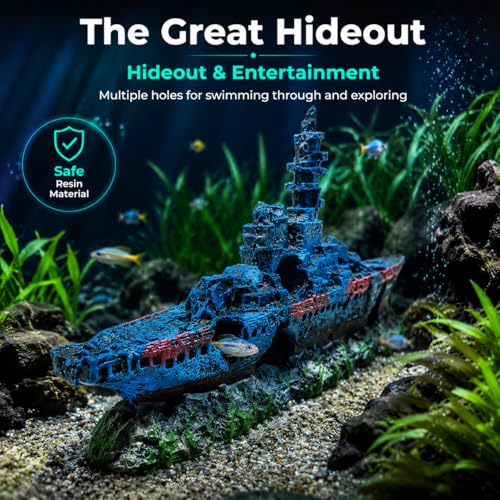 Image of Mipukbay Shipwreck Aquarium Decorations, Resin Fish Tank Artificial Rock Ornament for Freshwater /Saltwater, Safe Landscape Hideout for Betta Fish, Goldfish and Aquatic Pets