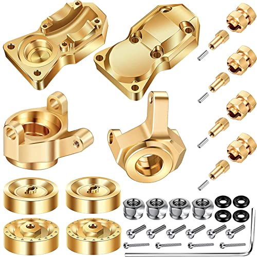 1/24 RC Crawler Car Brass Upgrade Set Includes 7mm Wheel Hex Hub Extension, Brass Steering Knuckle, Brass Wheel Weights Hex Adapter, Brass Diff Cover Front Rear for Axial Scx24 Axi90081 (Gold)