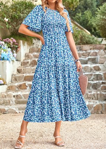 Image of KIRUNDO Summer Dresses for Women 2026 Spring Casual Flutter Short Sleeve Wedding Guest Smocked Flowy Tiered Aline Midi Dress