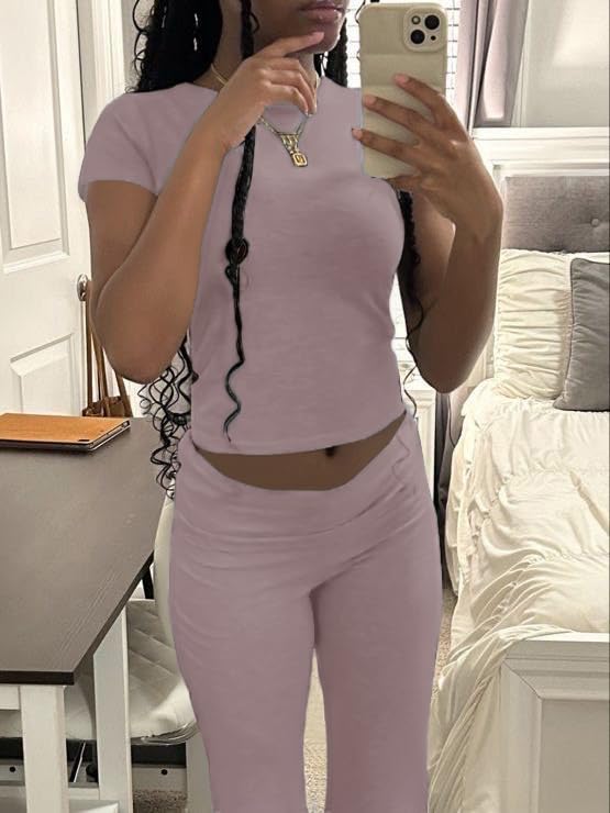 Image of AYWA Women's 2 Piece Lounge Sets Short Sleeve Crop Top Foldover Flare Pants Casual Pajama Outfits