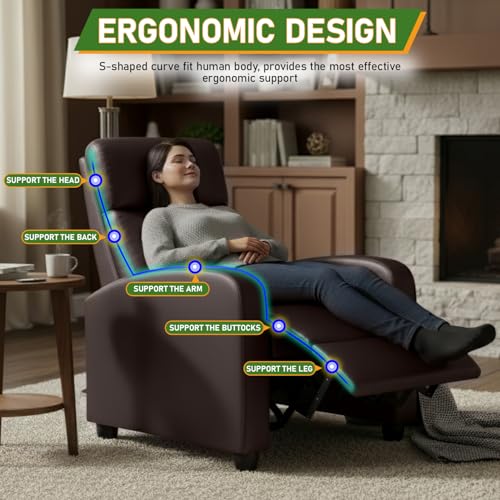 Image of PayLessHere Recliner Chair Single Reclining Sofa Home Theater Seating with Lumbar Support and Padded Backrest for Living Room and Bedroom (Leather, Brown-Massage)