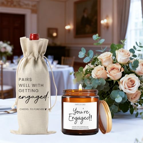 Image of Engaged Gifts Engagement Gifts for Couples Her Engagement Party Decorations | Gift for Couple Wine Bag Scented Candles Set Pairs Well with Getting Engaged Wine Bag Smell Like You're Engaged