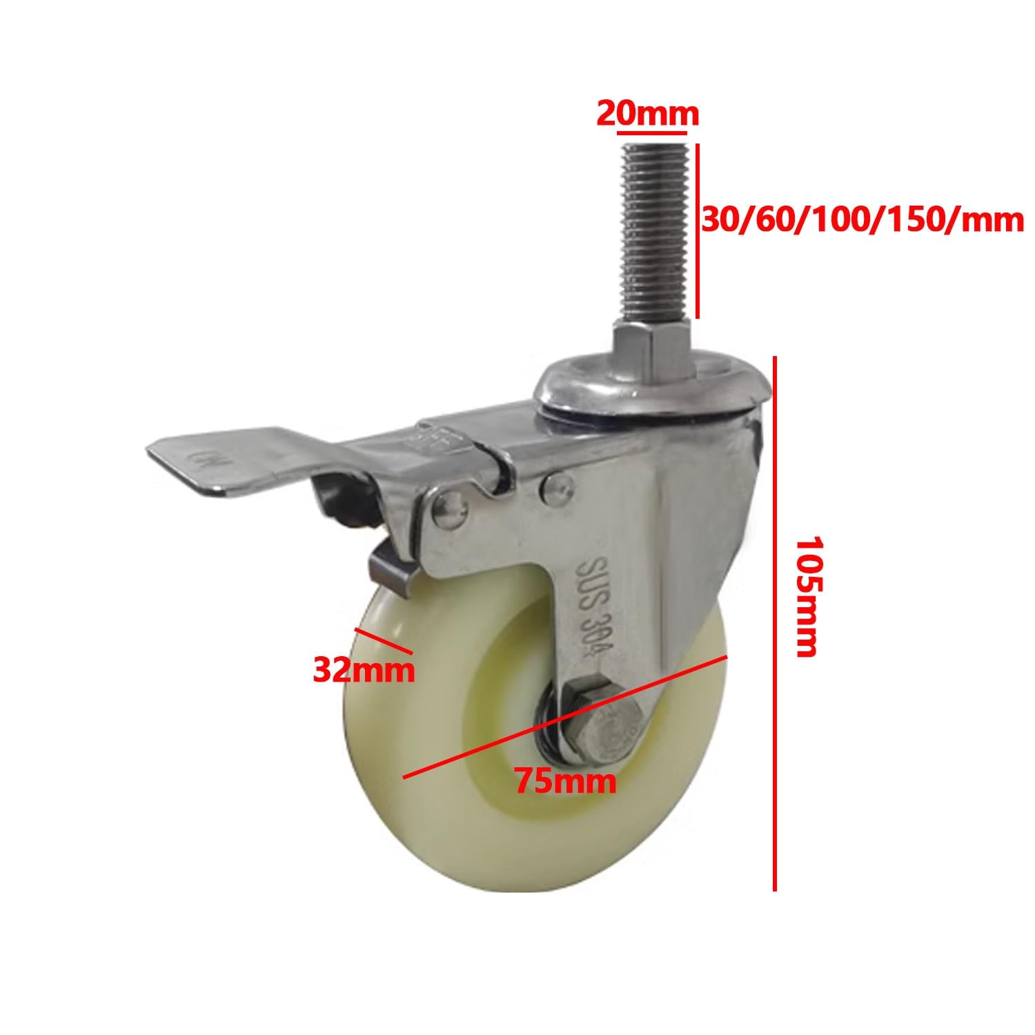Set di 4 Ruote girevoli industriali M20 per carichi Pesanti, Pneumatici di Ricambio in Nylon da 75 mm con Freno, Ruote girevoli Antiscivolo per mobili/banchi da Lavoro (girevoli M2