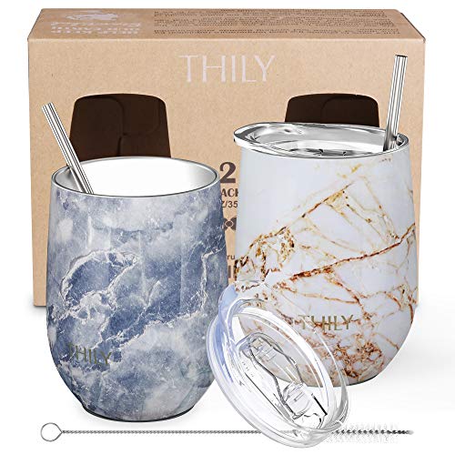 Stainless Steel Insulated Wine Tumblers - THILY 12 oz Cute Travel Stemless Glasses