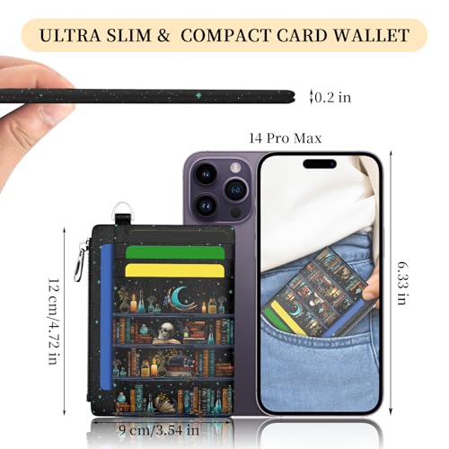 Image of Hancynir Goth Bookshelf Skull Cat Wallet Women Credit Card Holder Funny Gothic RFID Blocking Small Card Wallets Mini Front Pocket PU Leather Thin Travel Zipper Coin Cash Ladies Female Wallet Gifts