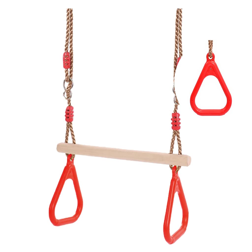 Trapeze bar,Morwealth Multifunctional Children's Wooden Trapeze Swing with Plastic Rings Gymnastics Rings for Hanging Up to 120 kg for Indoor and Outdoor Use (Red) - Image 2
