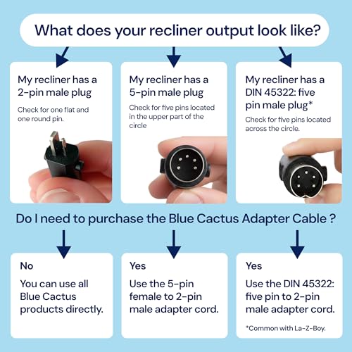Image of Blue Cactus 2 to 5-pin Adapter Cables for Recliner Battery Pack, 2-Pack | Connects Battery to Major Recliner Brands - 1pc 2-pin to 5-pin - 1pc DIN 45322: 5-pin to 2-pin - Compatible with La-Z-Boy