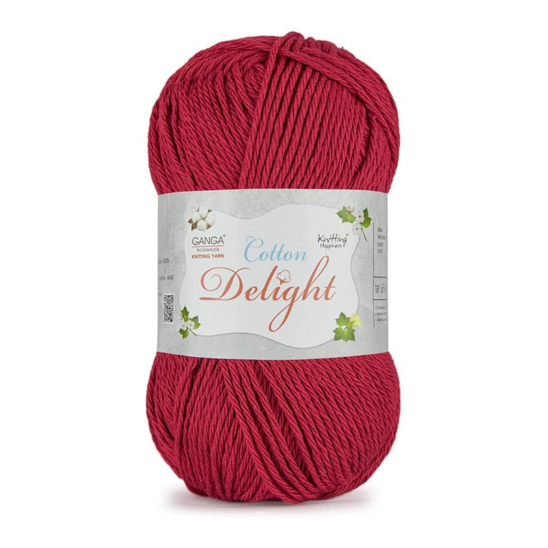 Image of Ganga Acrowools Cotton Delight, Dk Weight Cotton Yarn, Oekotex Class L Certified 100G, 169M, Pack of 1 Ball - 100gm Each, Shade No. - COD028, Dark Red