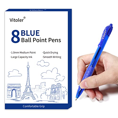 Vitoler 8 Pack Blue Pens Ballpoint,1.0Mm Ink Pens Fine Point Smooth Writing Pens,Retractable Ball Point Pens For Journaling School Supplies #TOP6