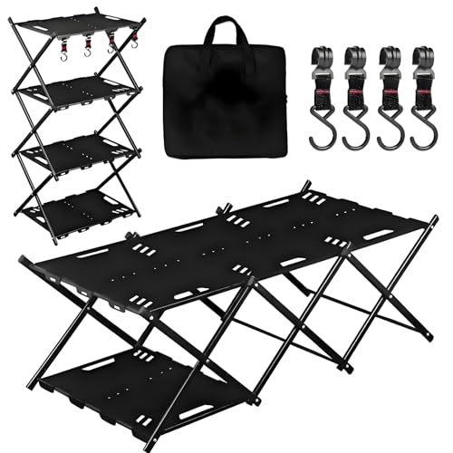 CGLRybO Folding Camping Table Portable Multi-Functional 4-Tier Picnic Rack Carbon Steel 37' with Storage Bag and 4 Hooks Indoor Outdoor, Heavy Duty, Portable, for Picnic, Party, Camping