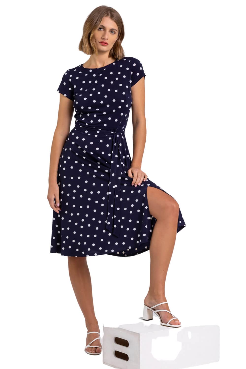 Women Spot Print Jersey Stretch Dress Ladies Spring Everyday Summer  Holiday Crew Neckline Vacation Pull On Comfy Tie Detail Dresses