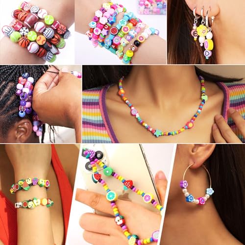 1000PCS Polymer Clay Beads Bracelet Making kit, 24 Style Cute Fun Beads Sports Ball Volleyball Softball Baseball Basketball Soccer Rugby Football Charms for Jewelry Making DIY for Women Girls