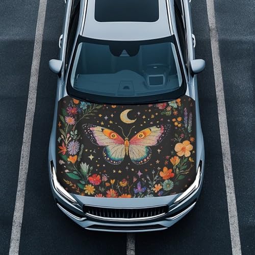 Image of Renewold Car Hood Cover Protector Floral Butterfly Moon Pattern Hood Covers for Cars Hood Wrap Blanket Women Men Automotive Exterior Accessories for Most Sedan Small SUV Truck