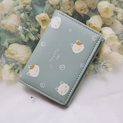 Cute Cartoon Cat Print Wallet Short Tri-fold Wallet Multi-Card Purse for Women and Girl (Cartoon Green)3