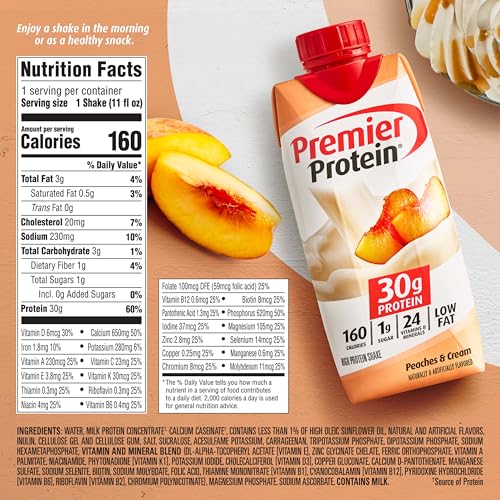 Image of Premier Protein Shake, Peaches & Cream, 30g Protein, No Added Sugar, 24 Vitamins & Minerals to Support Immune Health, 11 fl oz, 12 Pack (Packaging May Vary)