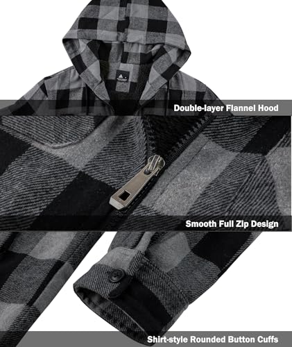 Image of V VALANCH Men's Flannel Shirt Jacket with Hood Fleece Lined Plaid Jacket Zip Up Winter Warm Coat