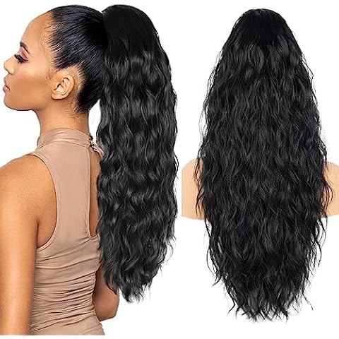 26 inch Black Ponytail Extension, Drawstring Ponytail for Women, Long Wavy Pony Tails Hair Extensions, Synthetic Hair Extensions Ponytail for Daily Use (Color: Black) Cover