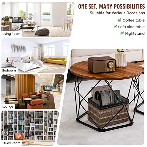 Costway Round Coffee Table Set Of 2, Industrial Nesting Accent Tea Table W/Rustproof Steel Frame, Non-Slip Eva Pads, Small Side End Tables For Living Room, Bedroom, Office, Rustic Brown #TOP7