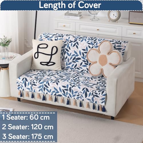Image of HOKIPO Sofa Cover with Tassel for 2 Seater Sofa | Full Protection for Seat and Back | Printed Holland Velvet Fabric | 'Whispers of Nature' (160x120 cm), Indigo Foliage (IN-1126-D10)