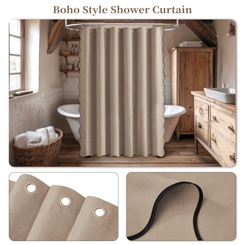 BTTN Extra Long Shower Curtain, 72x90 Boho Scalloped Linen Textured Heavy Duty Fabric Shower Curtain Set with 12 Hooks, Tall Rustic Farmhouse Country Waterproof Shower Curtains for Bathroom, Tan/Taupe by BTTN - Used condition - Image 7