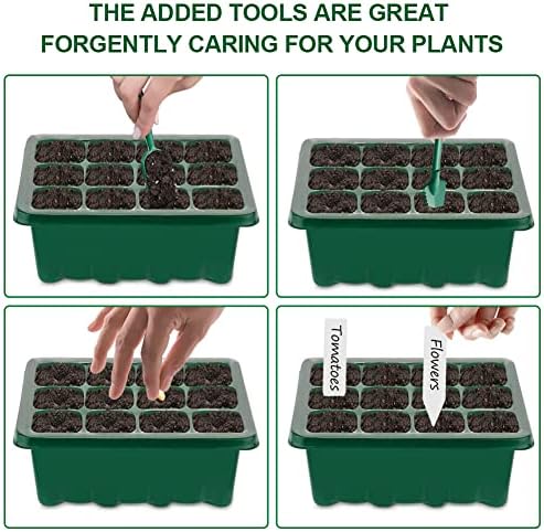 6 Pack 72 Cells Seed Trays, Plant Germination Trays with Heightened Lids, Humidity Adjustable Seed Propagator Tray, Seed Growing Equipment for Greenhouse Plant, 12 Tags, 2 Planting Tools, Green