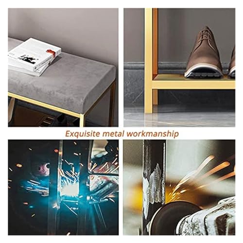 Banc de rangement pour chaussures en velours rose avec support doré