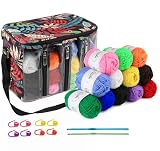 ilauke Crochet Yarn Bag kit, 12 Colors Yarns & Storage Bag, Portable Craft Organizer with Adjustable Strap, Hooks, Needles & Tools, DIY Gift for Knitters & Beginners