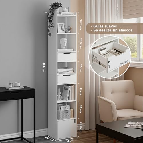Miniatura 2 de Marctani Libreria Estanteria Blanca Con 6 Niveles Y 3 Cajones - Estanteria Libros De Madera Mdf - Libreria Estrecha Y Alta Con Almacenaje Para Dormitorio, Salon, Baño. Book Shelf 33 X 24 X 181 Cm