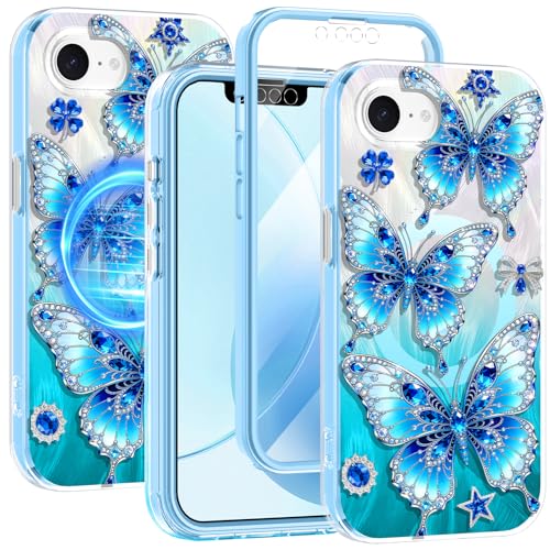 Clear blue Rancase iPhone 16e case with butterfly pattern and built-in screen shield — the one-piece install that skips the film bubbles