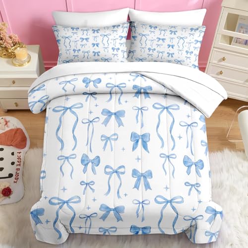 Image of Nesker Bow Comforter Set Full Size, 7 Pieces Bed in a Bag, Blue Bow Bedding Set for Girls, Coquette Comforter Set with 2 Pillowcases & 2 Shams