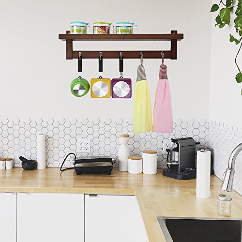 Wooden Hooks for Wall Coat Rack Shelf, Wall-Mounted Bamboo Hook Rack with Upper Shelf for Storage Scandinavian Style for Hallway Bathroom Living Room Bedroom (5 Hooks Brown) - Thumbnail 5