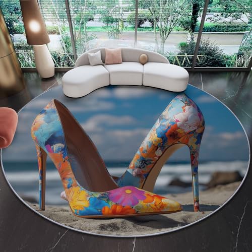 Tapis Rond Lavable en Machine 90 cm Rond, Pop Art Éléments De Mode Talons Hauts Décoration Antidérapant - pour Salon Chambre Cuisine Balcon Terrasse Salle...