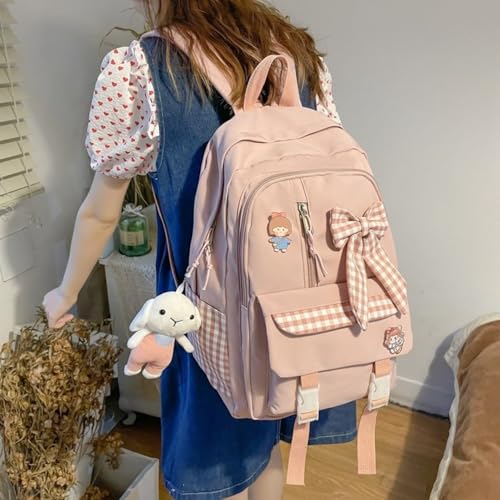Kawaii Backpack with Cute Bin Accessories Plush Pendant Kawaii Multi-layer Large Capacity Backpack Lovely Backpack (pink)2