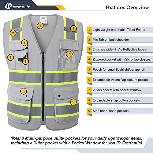 Image of JKSafety 9 Pockets Hi-Vis Fluorescent Color Zipper Front Safety Vest with Neon Color Extended Yellow Trims for Men and Women Work Safety Utility (901-Grey 5XL)