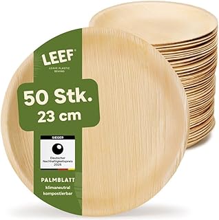 Leef 50x Palmblatt Teller rund - Einweggeschirr kompostierbar und naturbelassen - 23 cm - für Hochzeit und BBQ - umweltfreundlich - Geschirr Partygeschirr Einwegteller