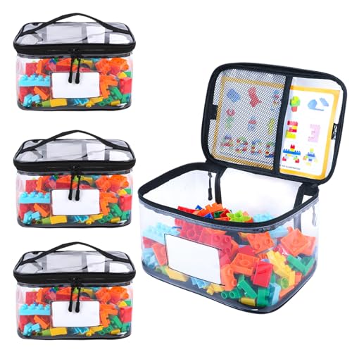 Lot de 4 sacs de rangement pour jouets, sacs refermables en Mylar avec étiquette nominative et poche manuelle, étui de rangement imperméable en PVC transparent pour...
