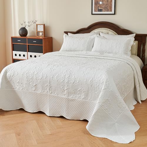 Image of EVENHUG Oversized King Bedspreads California King Quilt Set with Pillow Shams Extra Wide Large King Size Quilts Lightweight Coverlet Bedding Sets White 120 inchx128 inch