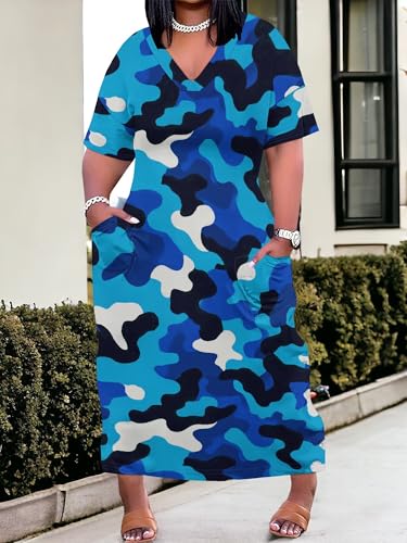 Image of Plus Size Maxi Dress for Women Short Sleeve V Neck Casual Loose Sundress with Pockets