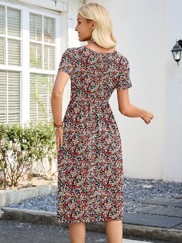 Image of Heymoments Women's Casual Short Sleeve Midi Dress Crewneck A Line Tiered Flowy Loose Travel Long Dresses with Pockets